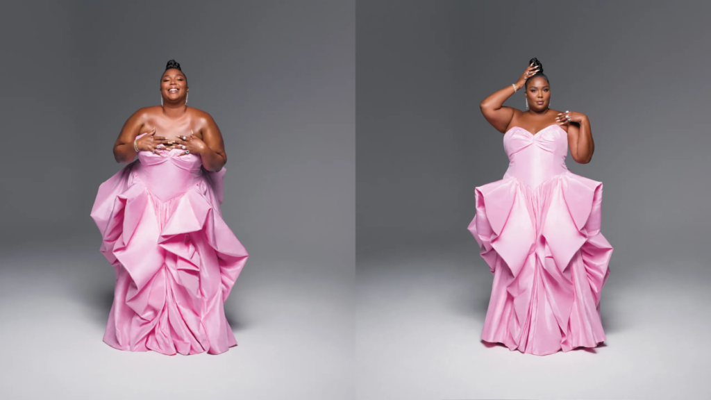 plus-size woman strapless pink gown studio portraits
