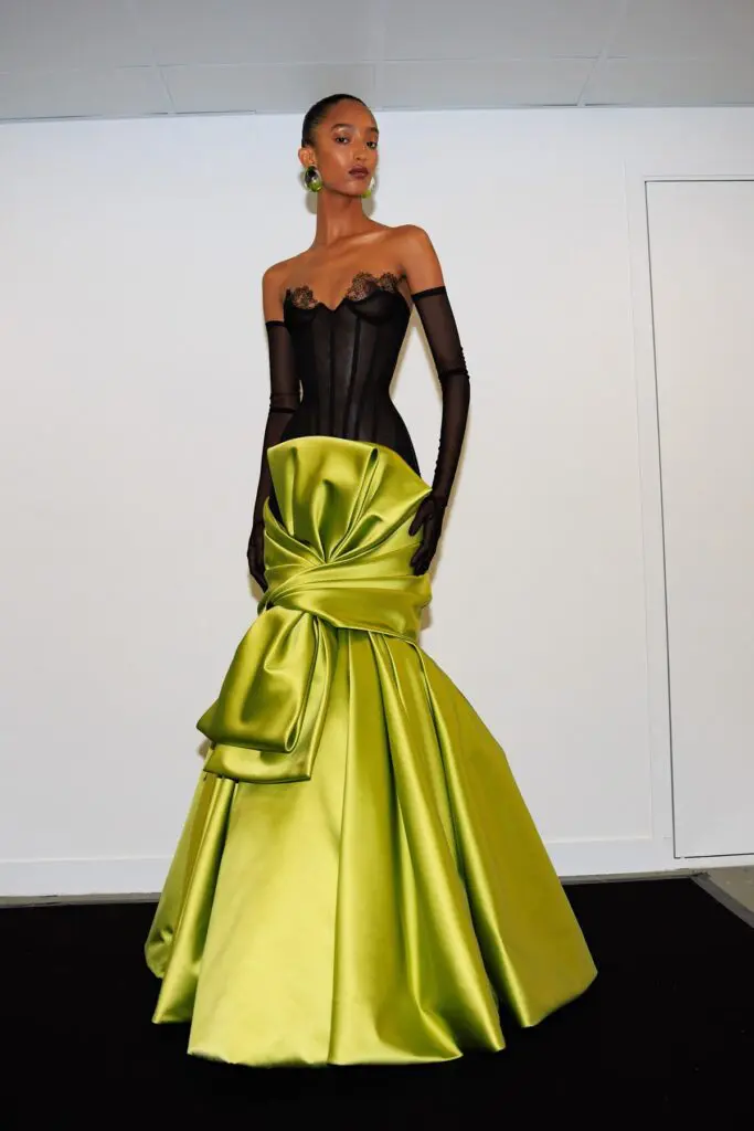 Surreal couture: black corset with lime satin sculpted skirt