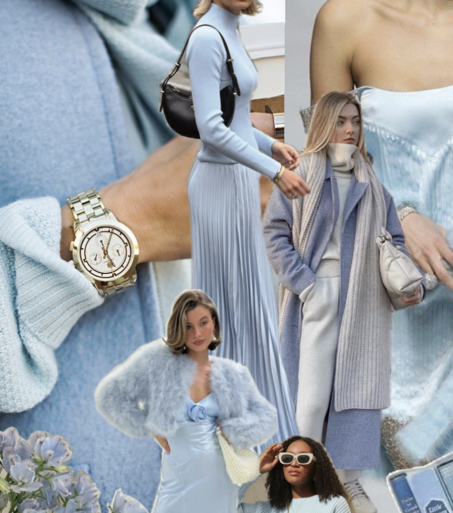 Cool blue aesthetic moodboard with icy outfits and accessories