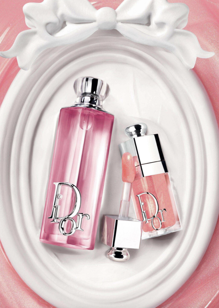 Dior Addict bottle and Lip Glow Oil on porcelain tray with bow