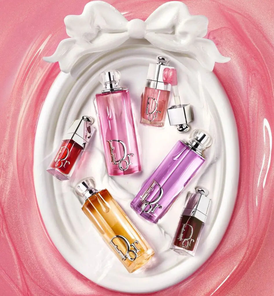 Dior Addict Glow collection mini bottles and Lip Glow Oils on tray