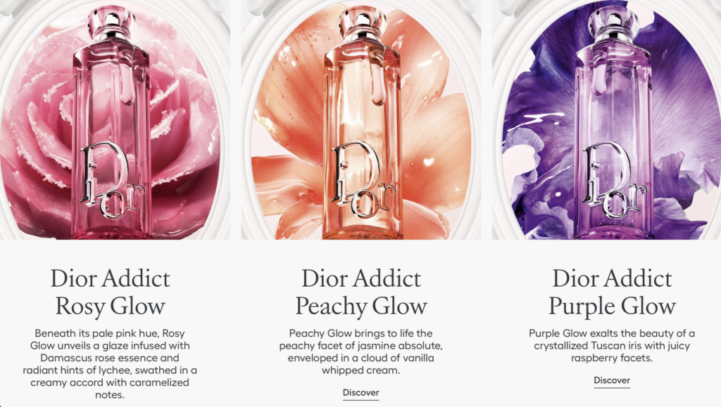 Dior Addict Rosy Glow, Peachy Glow and Purple Glow bottles lineup