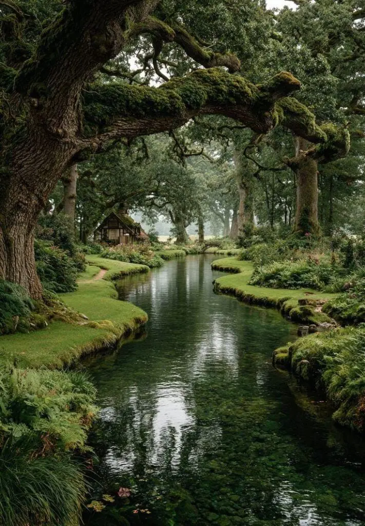 Enchanted forest stream under mossy oak branches