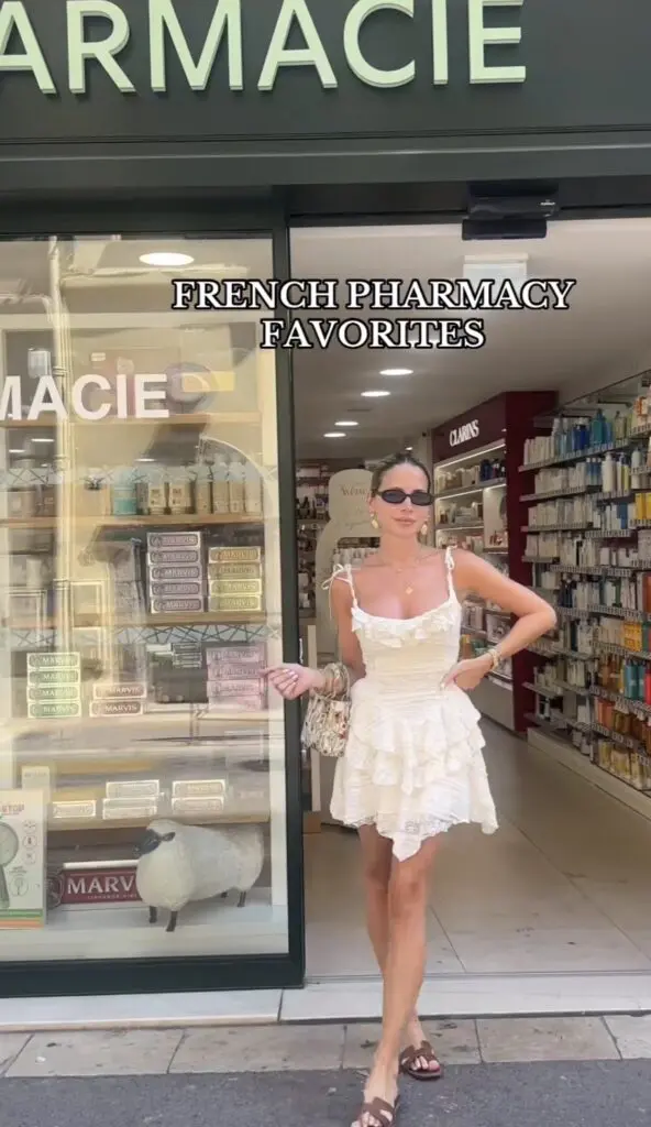 French pharmacy favorites influencer outside pharmacy entrance