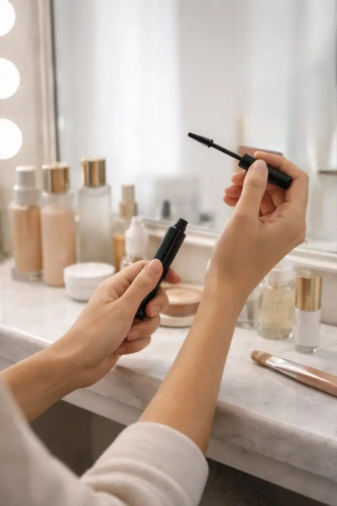 hands holding mascara wand GRWM makeup routine