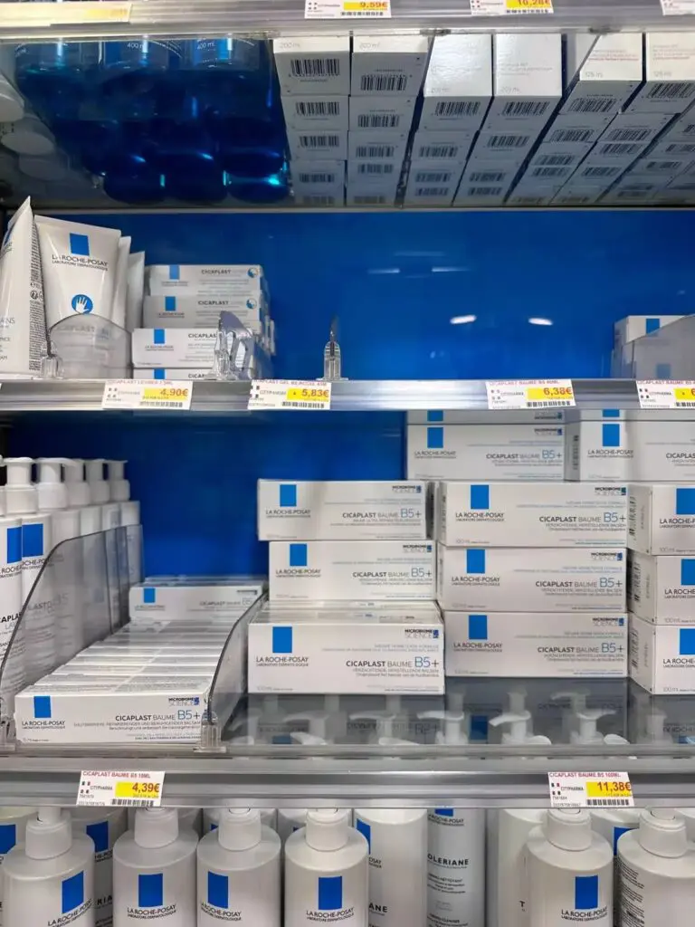 La Roche-Posay Cicaplast Baume B5+ boxes on pharmacy shelf