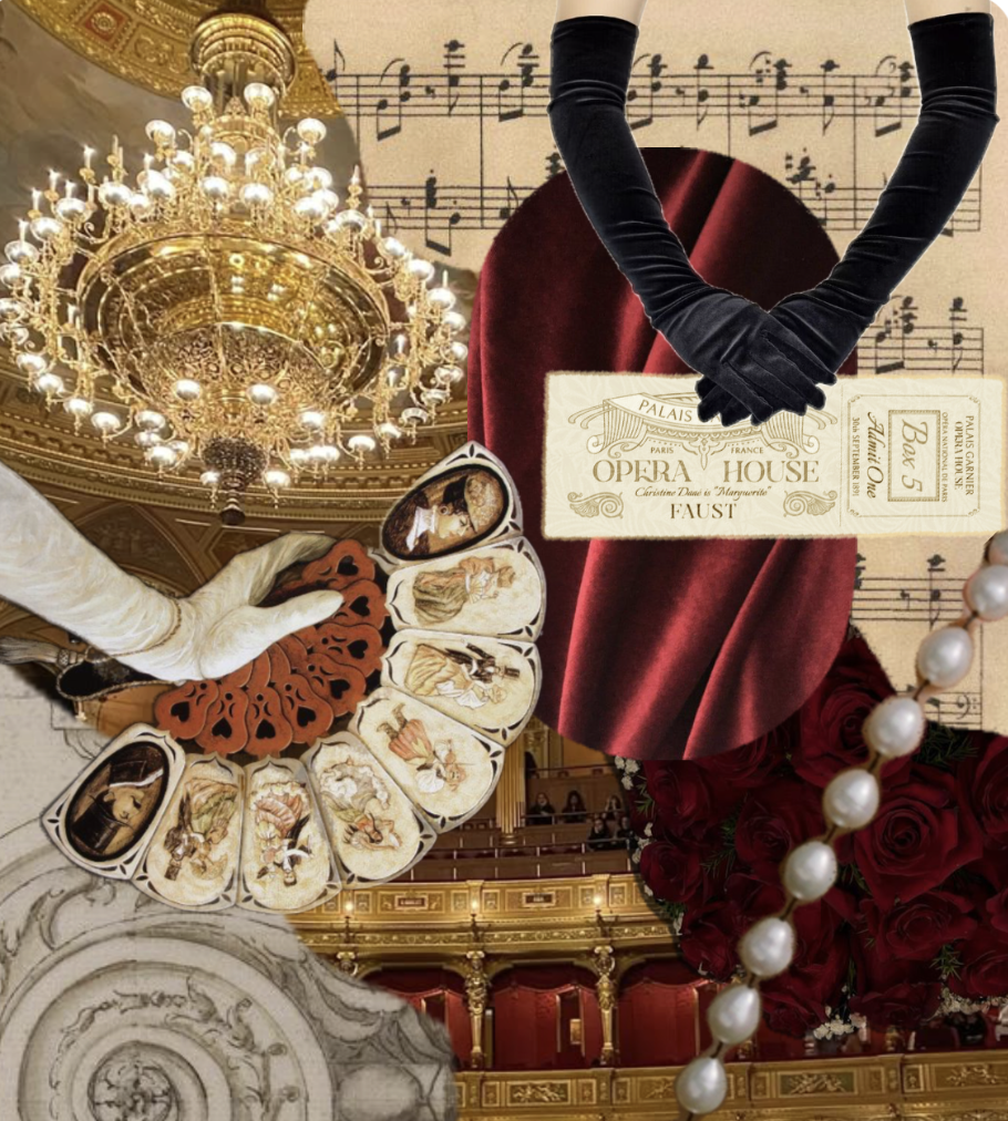 Opera aesthetic collage with chandelier, velvet gloves, pearls