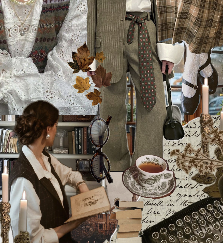 Poetcore collage with books, tea cup, typewriter and tweed