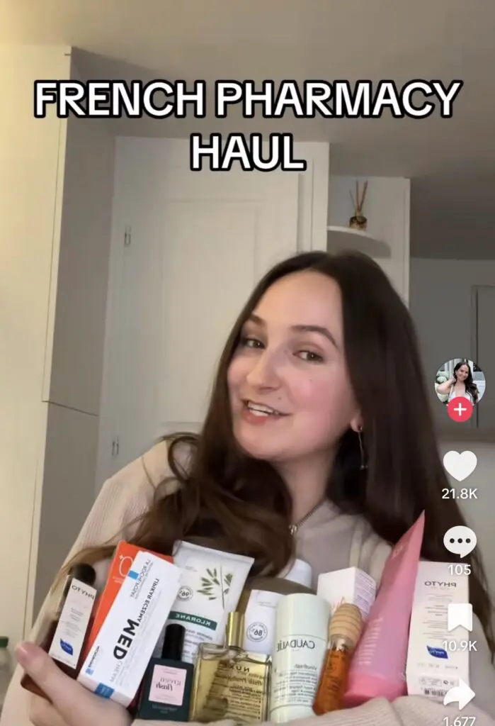 TikTok French pharmacy haul screenshot with skincare basket