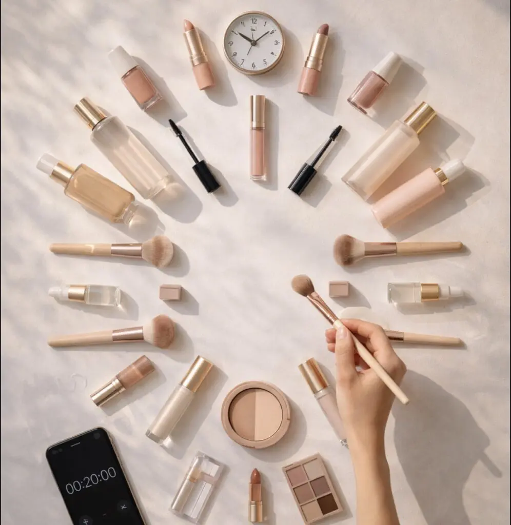 makeup flat lay timer clock GRWM routine calm