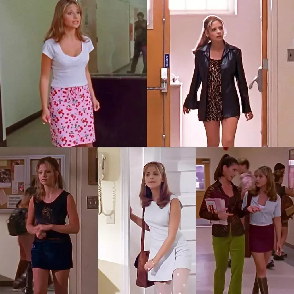 Sarah Michelle Gellar in various 1990s outfits from Buffy the Vampire Slayer series