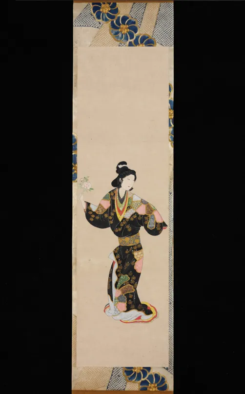 Elegant Japanese courtesan in a colorful kimono holding a fan, depicted in an antique scroll format